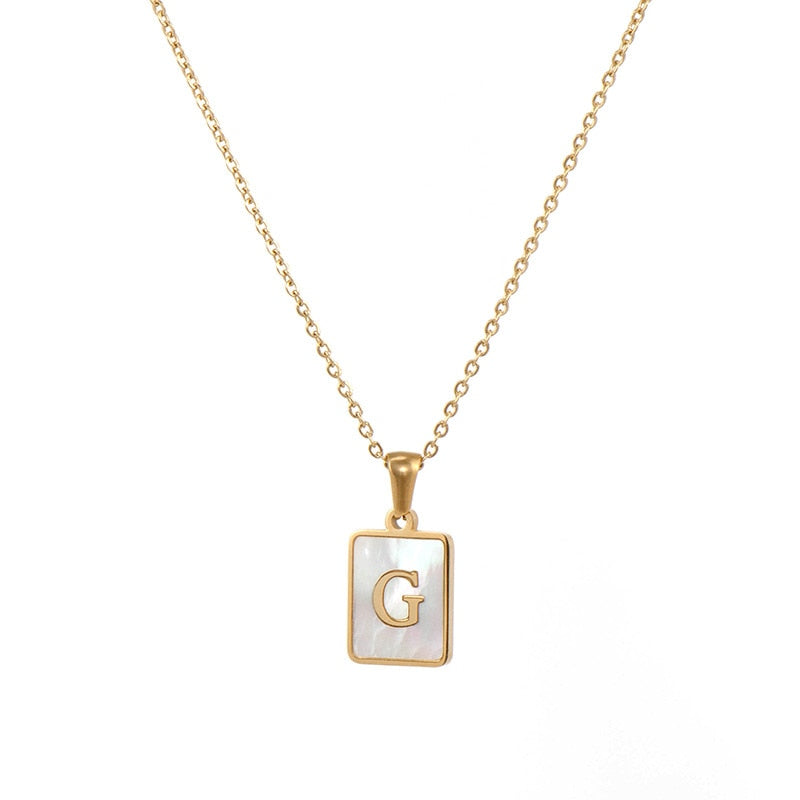 18K Golden Chain Necklaces Male Square Natural Shell Initial Letters Pendant Stainless Steel Jewelry - MERGE.DAY.1.FREESTYLE