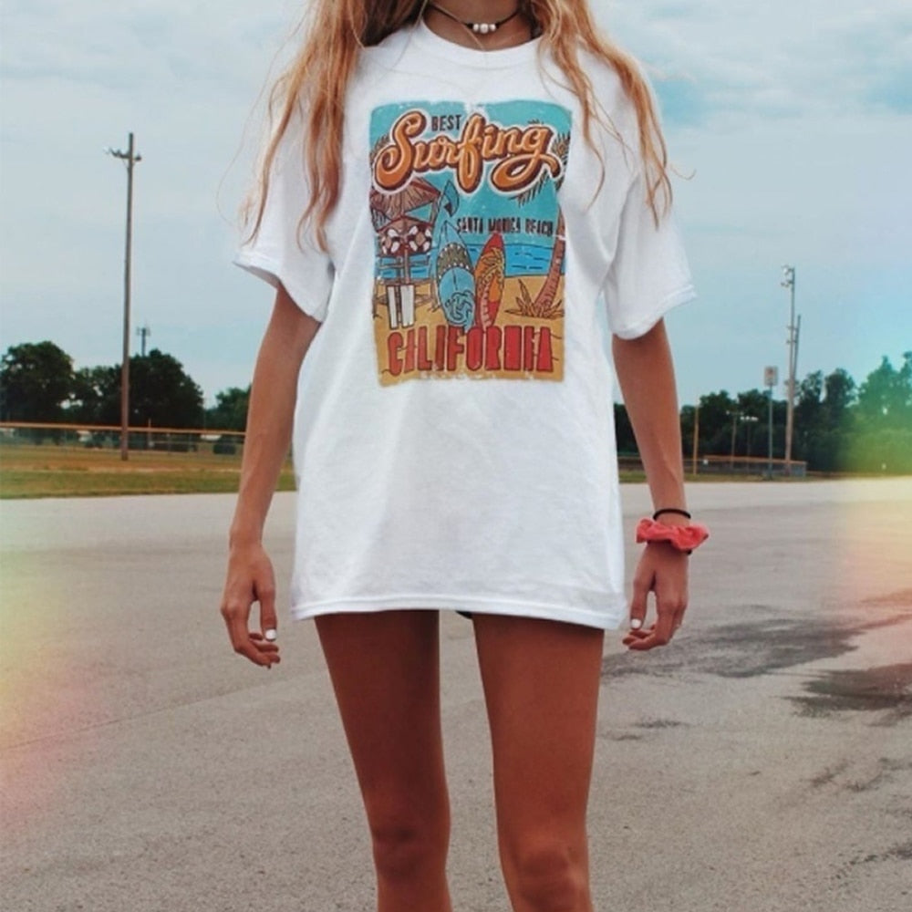 1pcs WHITE Tees Summer Casual Oversized Tee Best Surfing Santa Monica California Womens Retro Style - MERGE.DAY.1.FREESTYLE