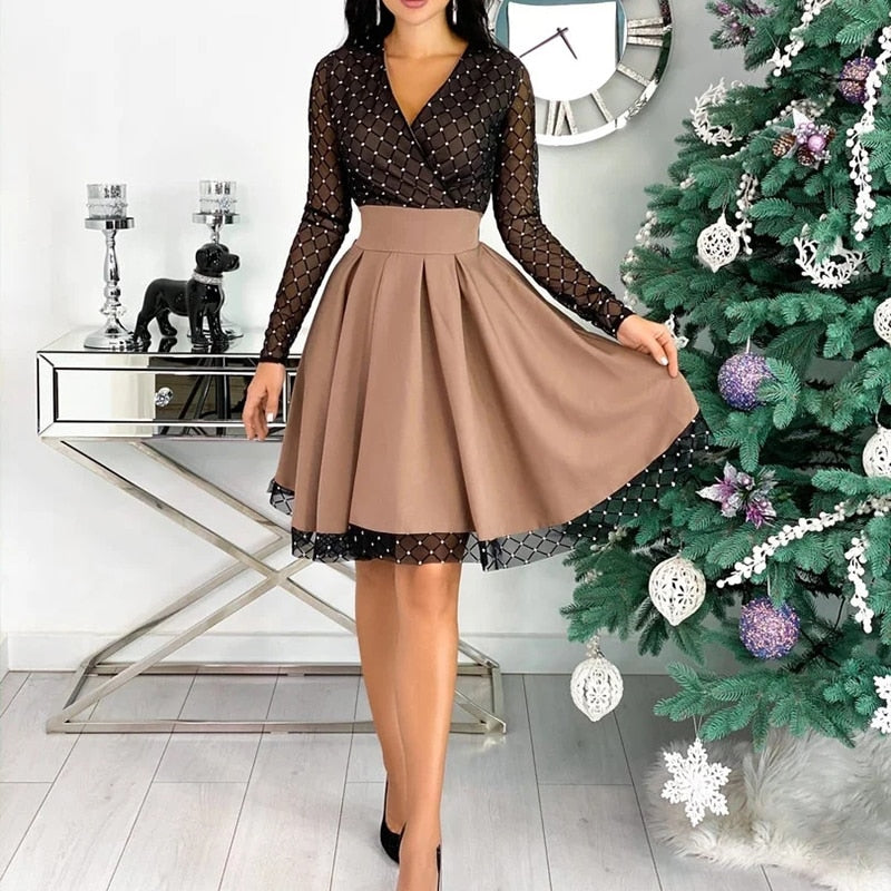 Shiny Sequin Diamond Mesh Stitching Dress Women Spring Autumn Sheer Long Sleeve Belted Slim A Line Dresses - MERGE.DAY.1.FREESTYLE