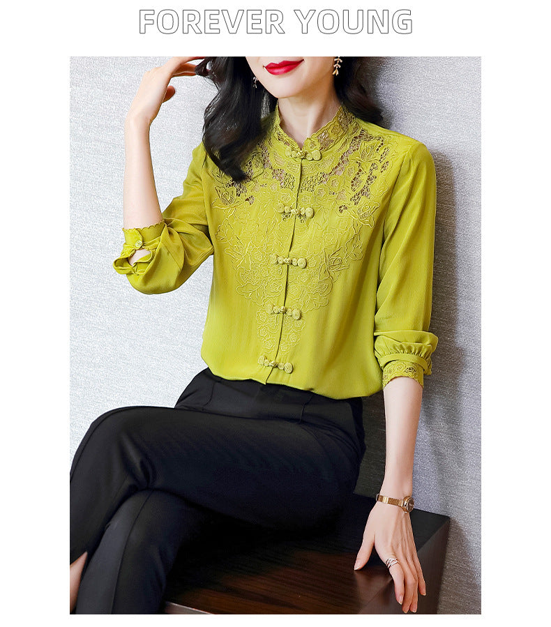 Embroidery Hollow Blouse Women Long Sleeve Imitation Silk Top Loose Vintage Shirt Plus Size - MERGE.DAY.1.FREESTYLE