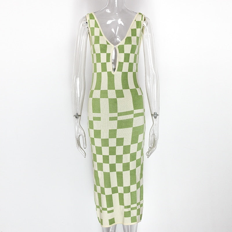 Knitted Sexy Bodycon Summer Women Dresses Backless Plaid Print Spaghetti Strap Hollow Out Vestidos - MERGE.DAY.1.FREESTYLE