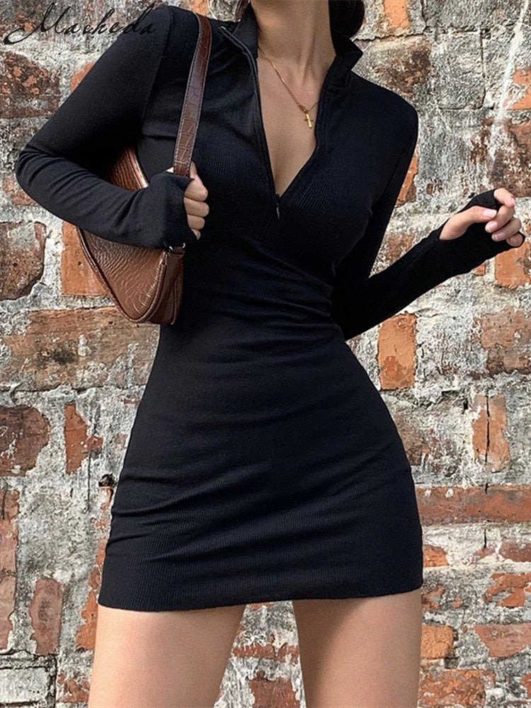 Spring Autumn Stretch Slim Soft Ribbed Knitted Turtleneck Casual Bodycon Zip Dress - MERGE.DAY.1.FREESTYLE