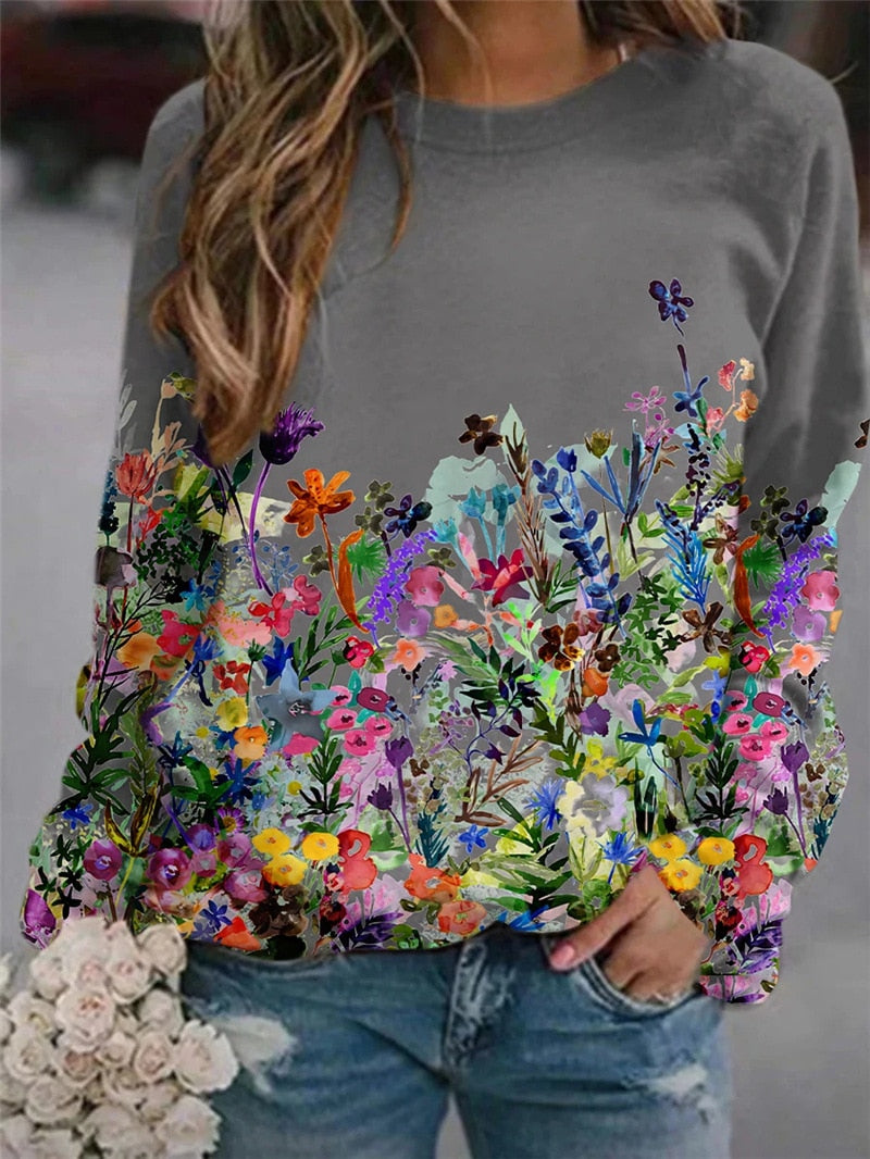 Women's Flower Print Top Loose Long-sleeved Round Neck Sweater All-match T-shirt - MERGE.DAY.1.FREESTYLE