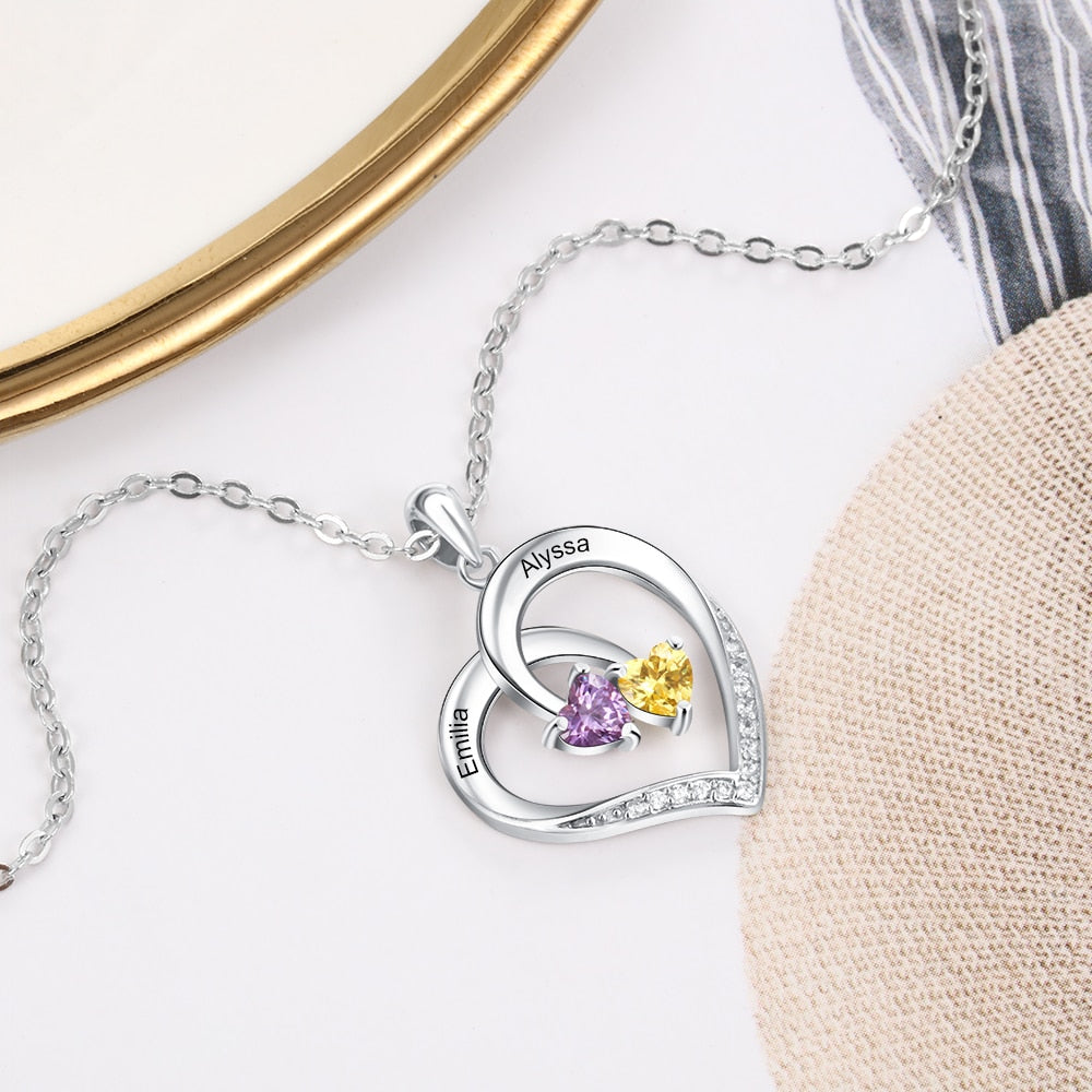 Personalized Heart Necklace with 2 Birthstones Engraved Name Couple Necklace - MERGE.DAY.1.FREESTYLE