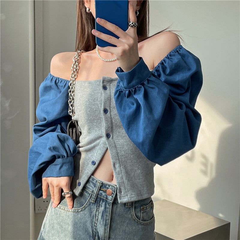 Patchwork Denim Shirts Women French Square Collar Puff Blouses Long Sleeve Crop Tops - MERGE.DAY.1.FREESTYLE