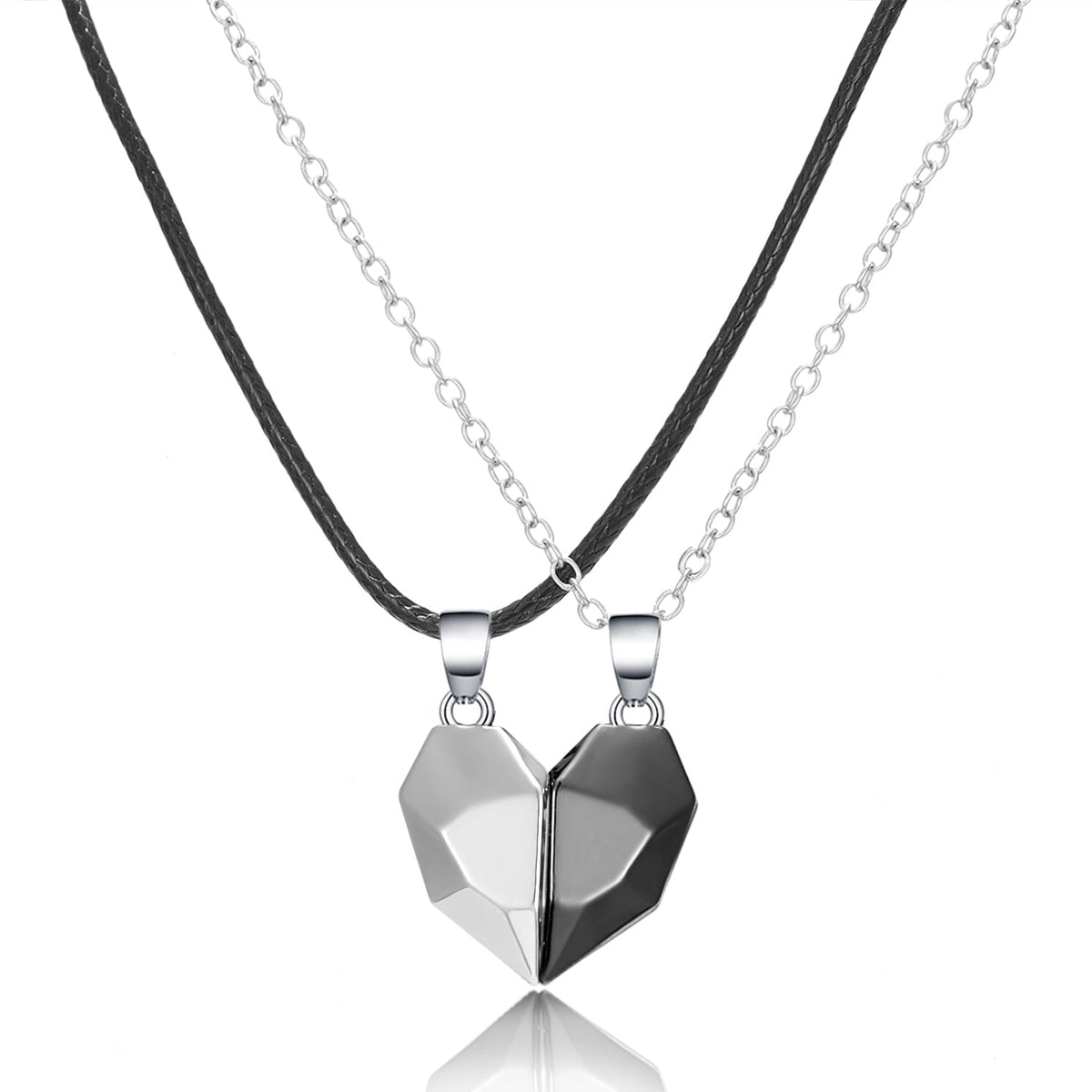 2Pcs Punk Heart Pendant Couple Necklace Lover Distance Faceted Magnetic Necklace - MERGE.DAY.1.FREESTYLE