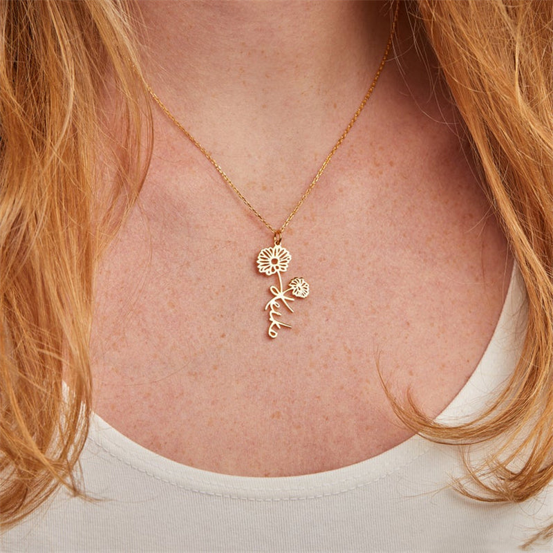 Custom Name Necklace Handwriting Style With Flower Personalized Name Jewelry - MERGE.DAY.1.FREESTYLE