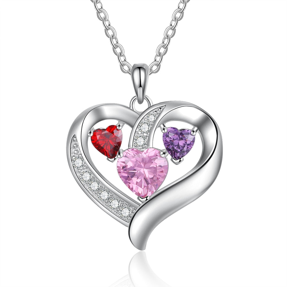 Name Engraved Heart Necklaces for Customized 3 Birthstone Necklace - MERGE.DAY.1.FREESTYLE