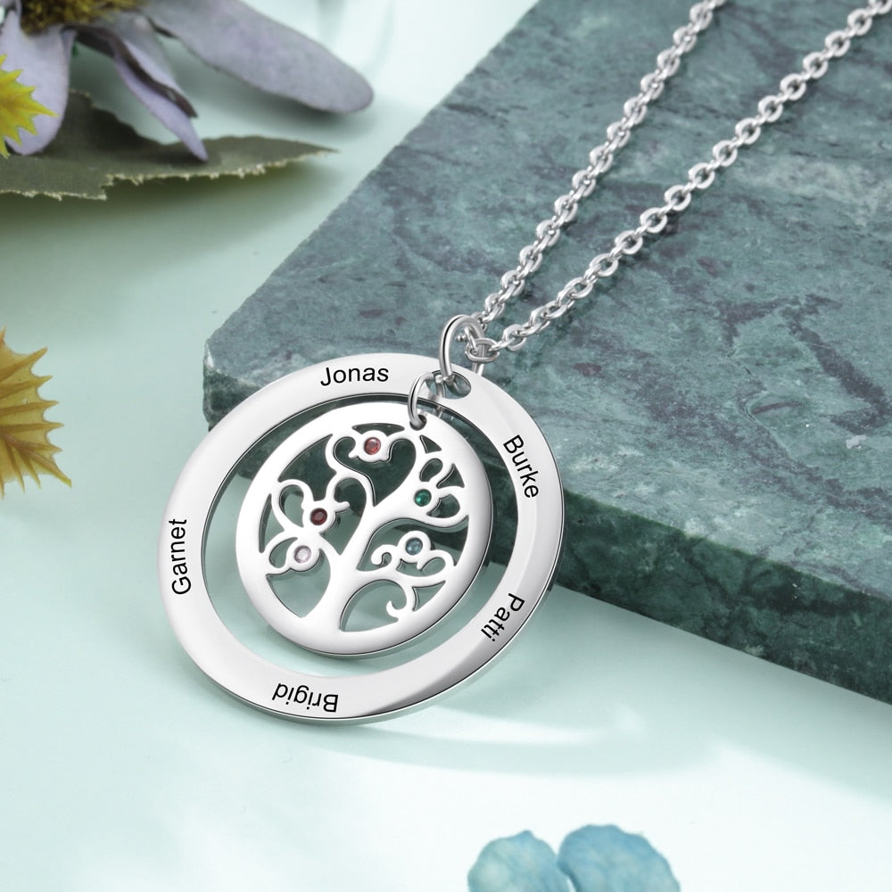 Tree of Life Name Necklace with Birthstone Name Engraved Pendant Family - MERGE.DAY.1.FREESTYLE