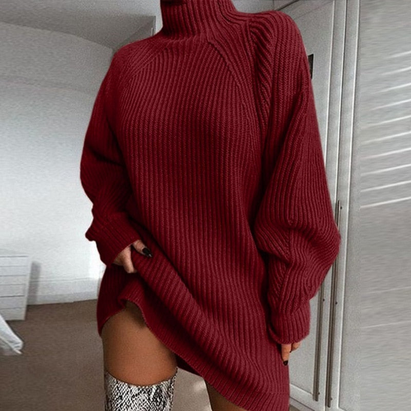 Women Turtleneck Oversized Knitted Dress Solid Long Sleeve Casual Elegant Mini Sweater Dress Plus Size - MERGE.DAY.1.FREESTYLE