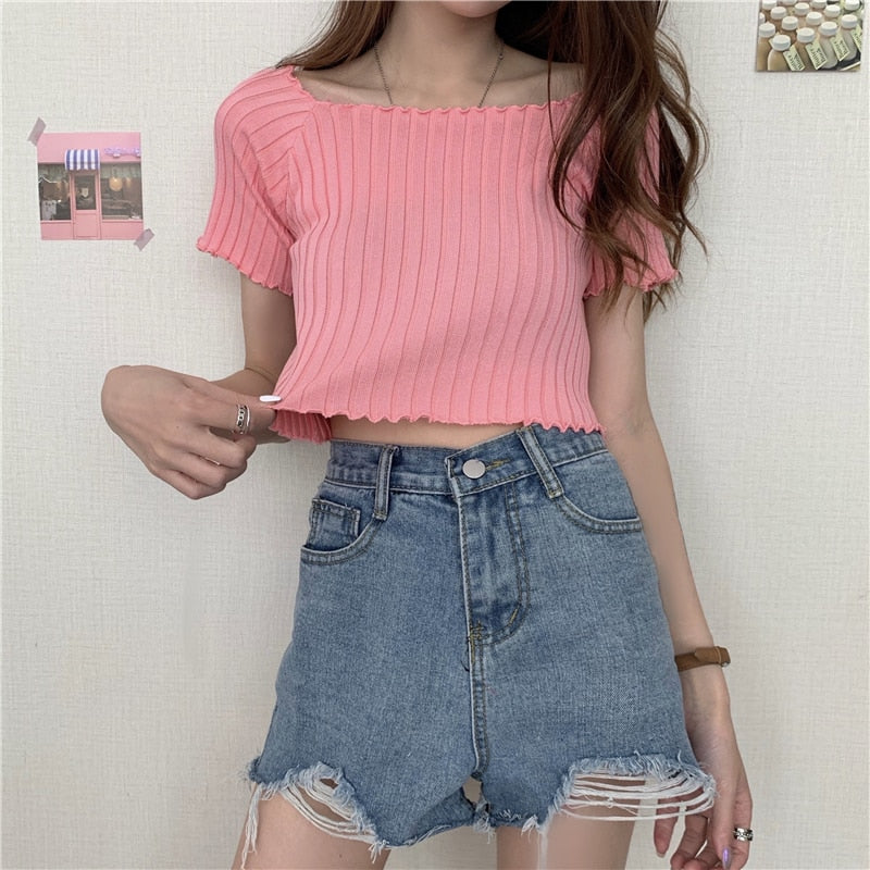 Women Off Shoulder T-shirts Knitted Ruffles Hem Crop Tops Short Sleeve T-shirts - MERGE.DAY.1.FREESTYLE