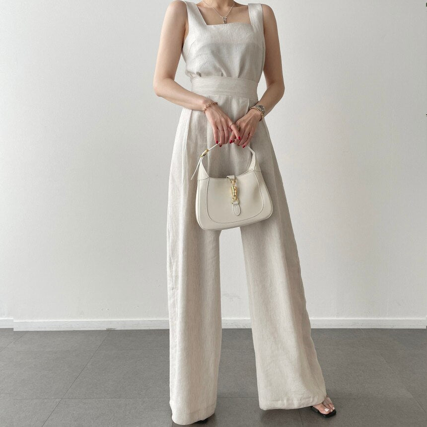 Office Ladies 2-Piece Women Square Neck Loose Vest Top + High Waist Pleated Wide Leg Pants - MERGE.DAY.1.FREESTYLE