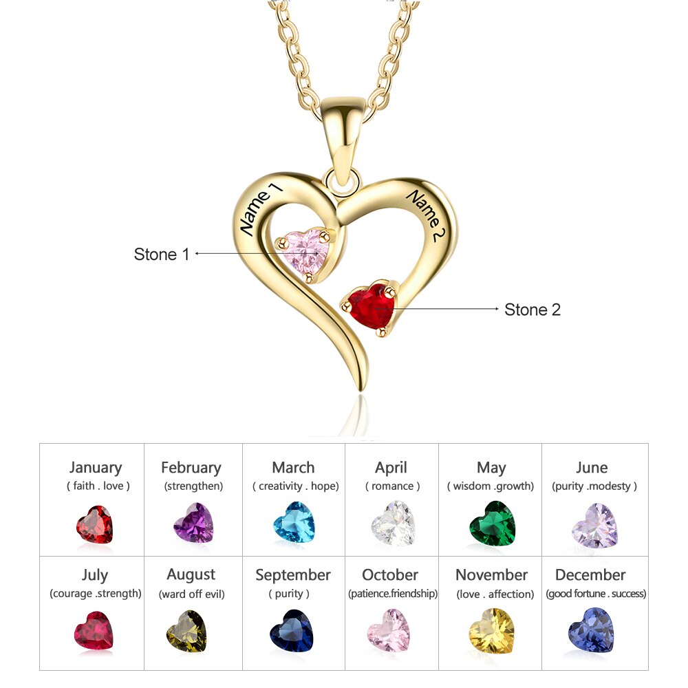 925 Sterling Silver Heart Necklace with 2 Birthstones Custom Engrave Name Pendant - MERGE.DAY.1.FREESTYLE