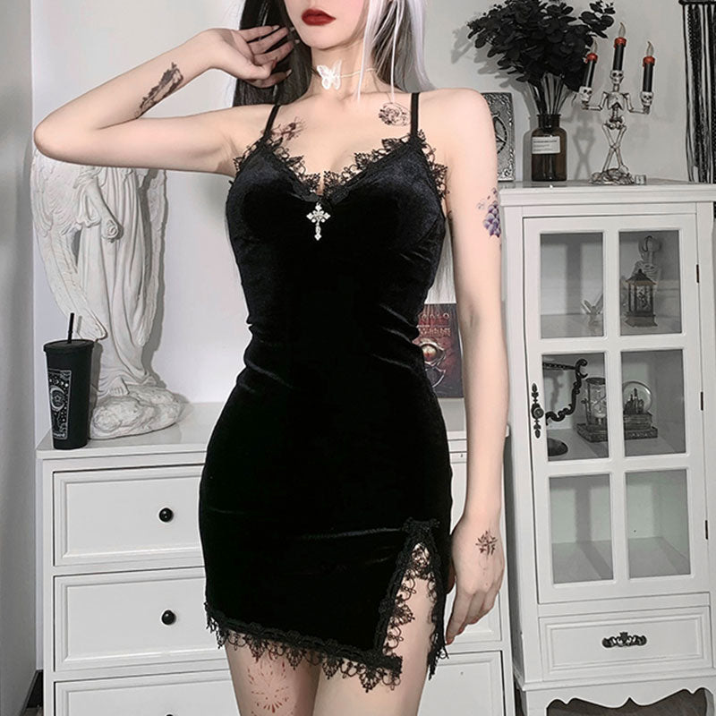 Gothic Dark Cross Black Mini Dress Vintage Sexy Spaghetti Strap High Waist Slit Dresses - MERGE.DAY.1.FREESTYLE