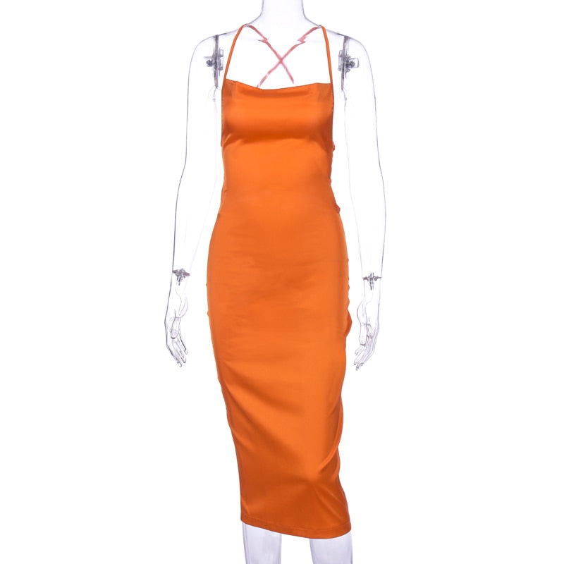 neon satin lace up 2022 summer women bodycon long midi dress sleeveless backless elegant party - MERGE.DAY.1.FREESTYLE