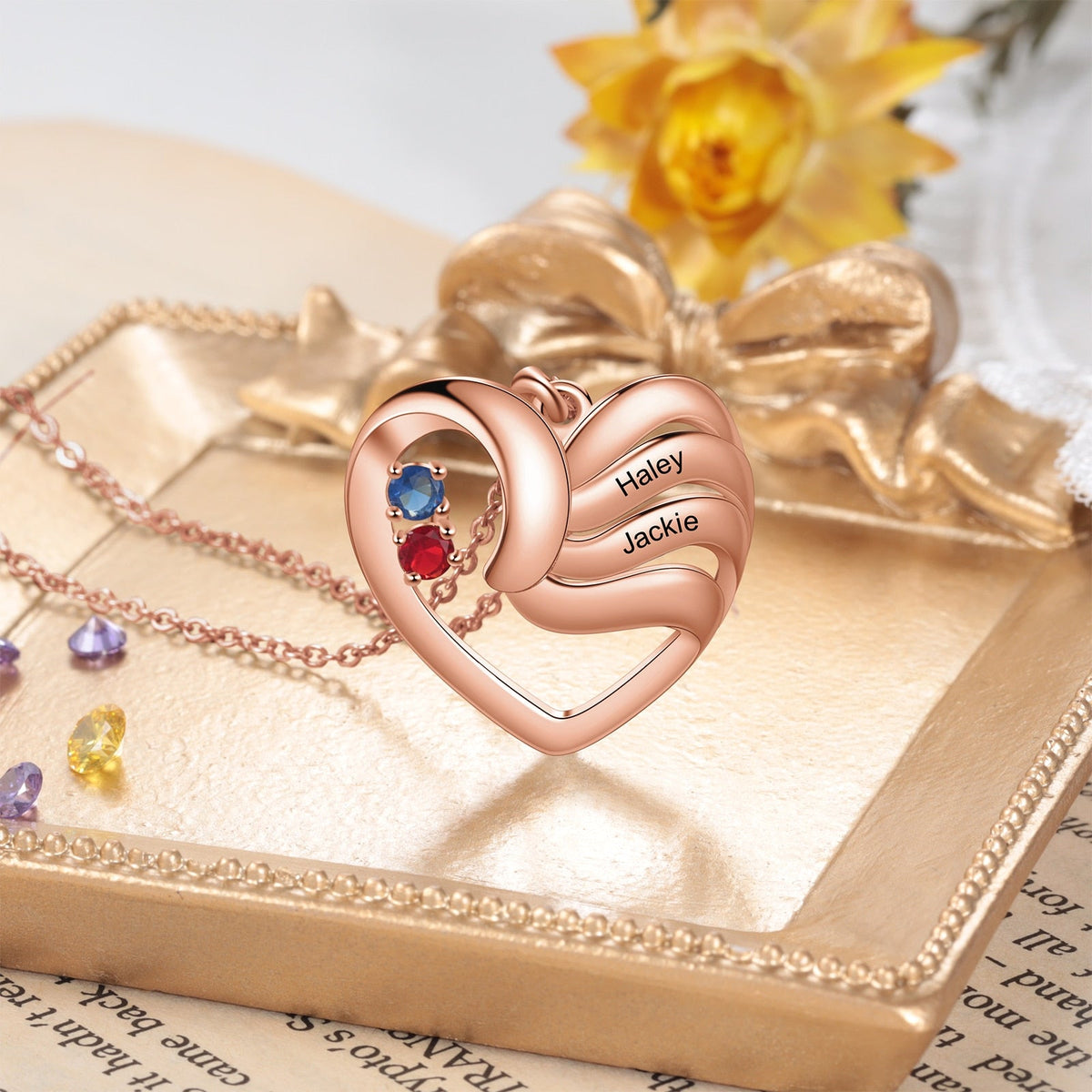 2-5 Names Customized Birthstone Fashion Memorial Heart Necklace - MERGE.DAY.1.FREESTYLE
