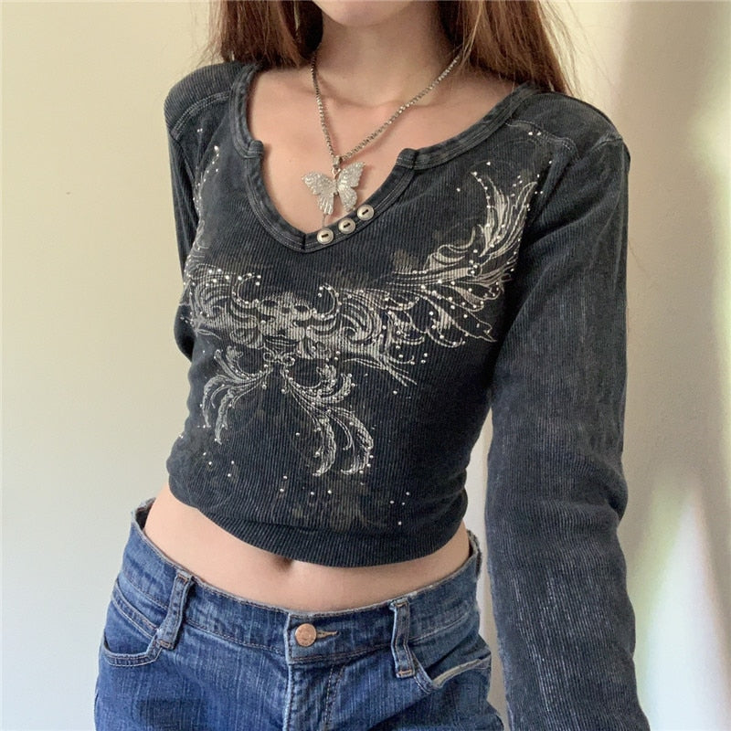 Graphic Print Retro Crop Tshirts Harajuku Grunge Fairycore Clothes - MERGE.DAY.1.FREESTYLE