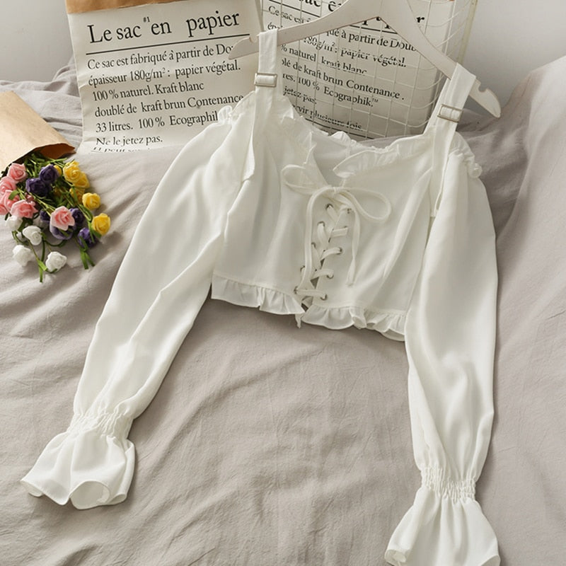 French Bandage Off Shoulder Ruffle Top Female Elegant Long Sleeve Shirt Y2k - MERGE.DAY.1.FREESTYLE