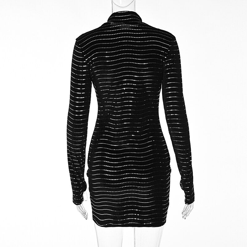 Sequins Long Sleeve Turtleneck Bodycon Slim Sexy Mini Dress Party Club Y2K - MERGE.DAY.1.FREESTYLE