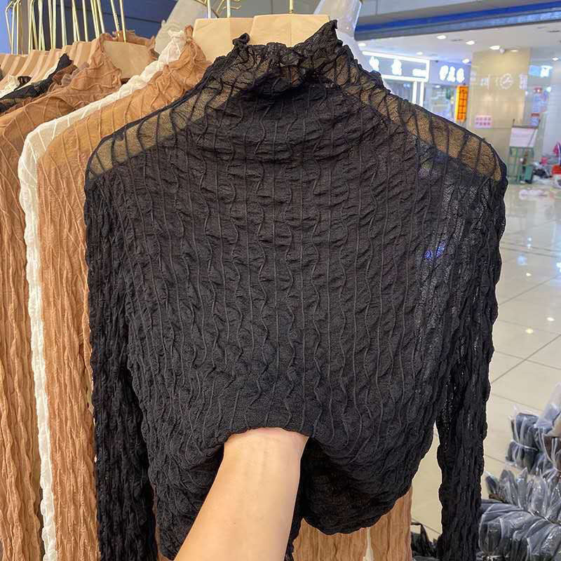 Women Lace Mesh High Collar Bottom T-shirts Female Long Sleeve Casual Style Tight Thin Tops - MERGE.DAY.1.FREESTYLE