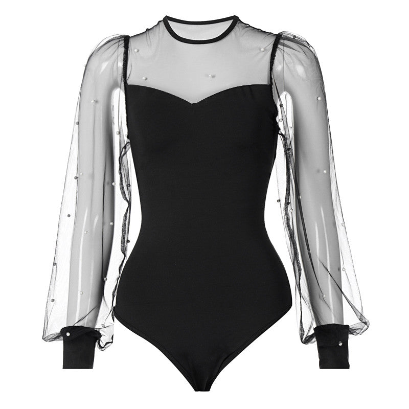 Women Rompers Long Sleeve Lace Mesh Spliced Crew Neck Bodysuit Leotard Beading Slim Jumpsuits - MERGE.DAY.1.FREESTYLE