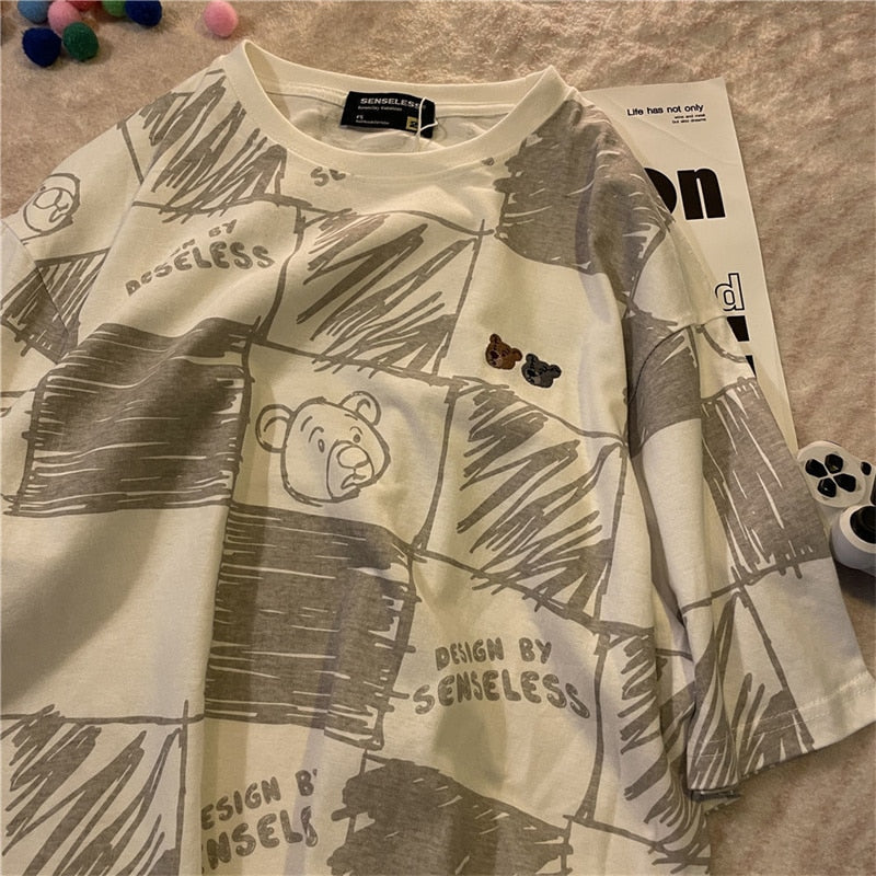 Summer Full Print Cartoon Bear Kawaii Short-Sleeved T-Shirt Loose Harajuku Casual - MERGE.DAY.1.FREESTYLE