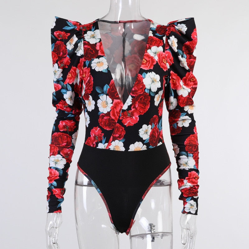 Spring Elegant Boho Print Bodysuits Rompers Women Jumpsuits Puff Sleeve Skinny Sexy V-neck - MERGE.DAY.1.FREESTYLE