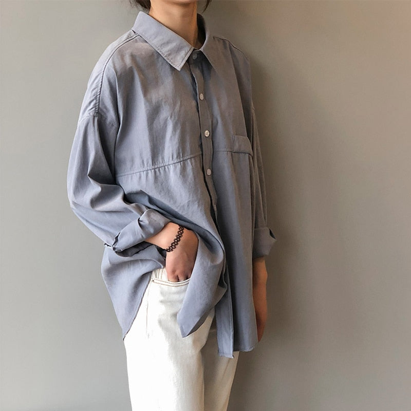 Loose Turn-down Collar Solid Female Shirts Tops Spring Summer Blouses - MERGE.DAY.1.FREESTYLE