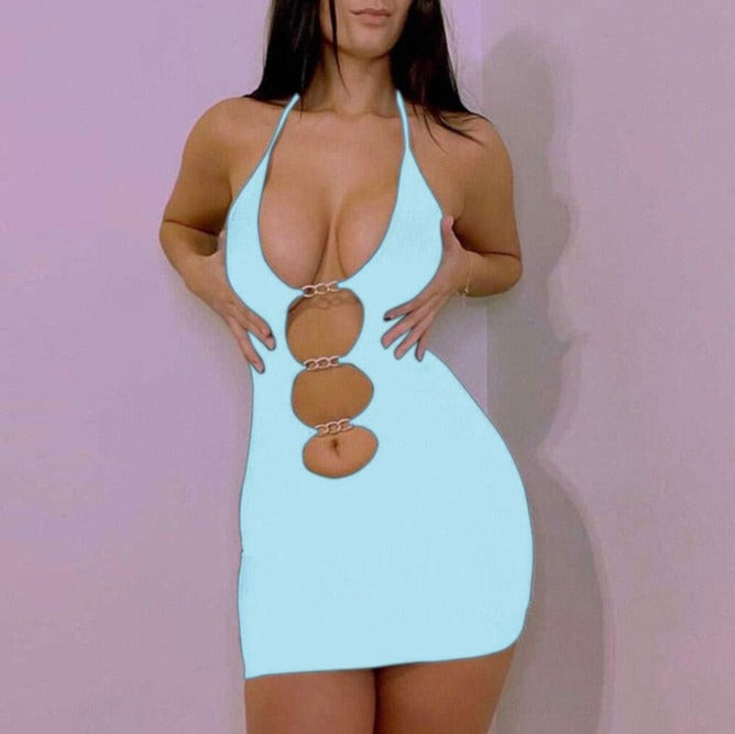 Sexy Hollow Mini Dresses Summer Women Solid Color Metal Chain Bodycon Sexy Sheath - MERGE.DAY.1.FREESTYLE