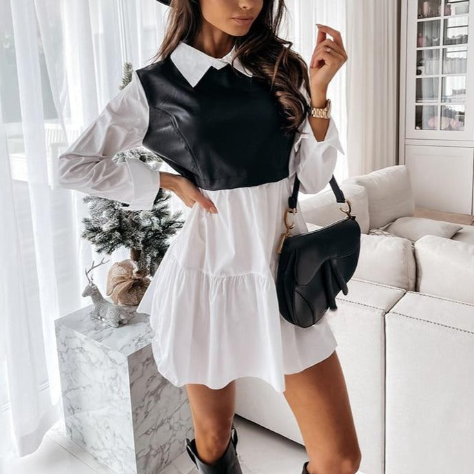Long Sleeve Mini Shirt Dress For Women White 2022 Spring PU Leather Patchwork Plaid Dresses - MERGE.DAY.1.FREESTYLE