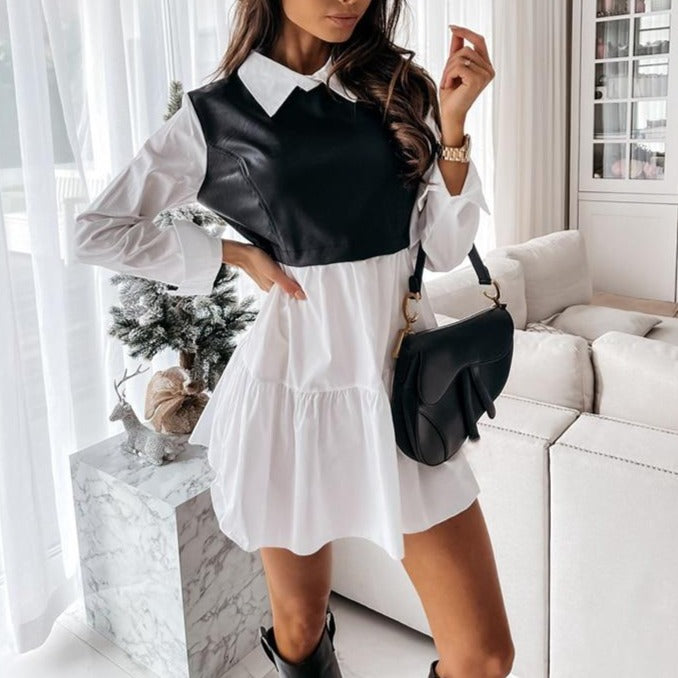 Long Sleeve Mini Shirt Dress For Women White 2022 Spring PU Leather Patchwork Plaid Dresses - MERGE.DAY.1.FREESTYLE
