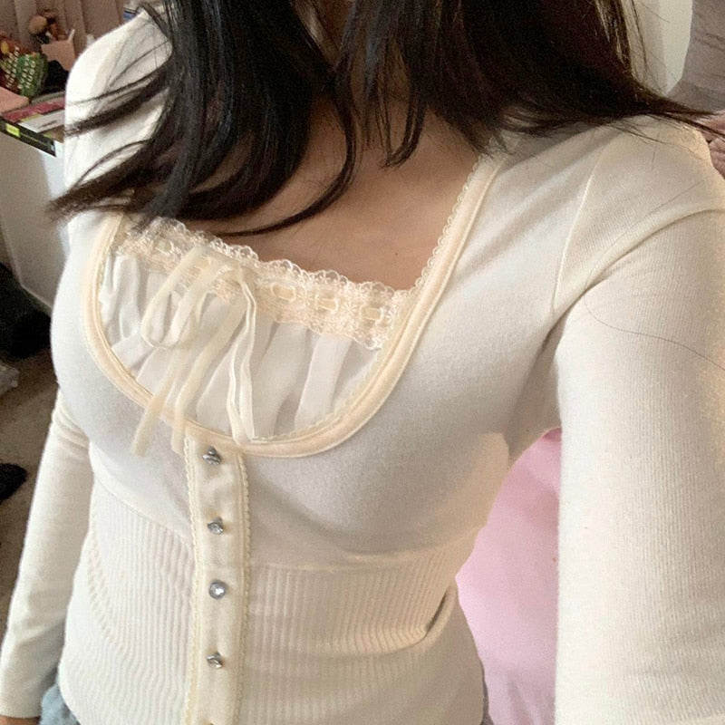 Sweet Cute Crop Top Lace Frill Bow Pullovers Vintage Square Collar T Shirt - MERGE.DAY.1.FREESTYLE
