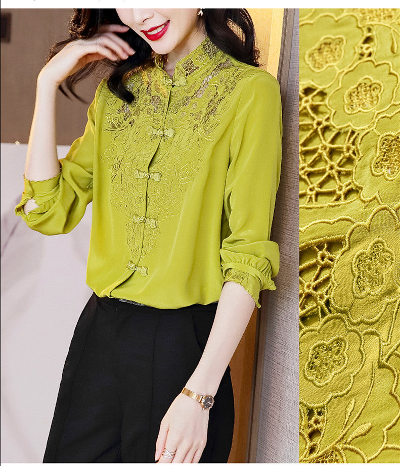 Embroidery Hollow Blouse Women Long Sleeve Imitation Silk Top Loose Vintage Shirt Plus Size - MERGE.DAY.1.FREESTYLE