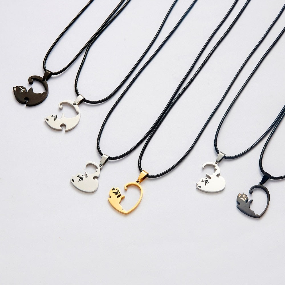 Black White Cat Stitching Necklace Friendship Heart Shape Gold White Cat Cute Couple Jewelry - MERGE.DAY.1.FREESTYLE