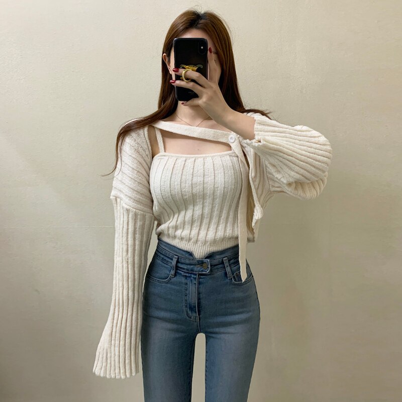 Camisole Knitted Cardigans Women Two Piece Sets 2021 Autumn Sweater Jacket Woman - MERGE.DAY.1.FREESTYLE