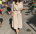 Long Shirt Dress Women Cotton Round Collar Slim Waist Drawstring Solid Color Sundress - MERGE.DAY.1.FREESTYLE