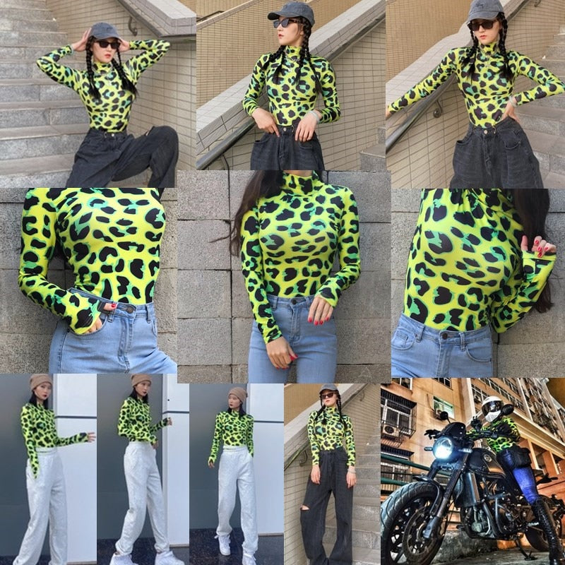 Women Long Sleeve Leopard Skin Prinetd Bodysuit Sexy Neon Green Streetwear Jumpsuit - MERGE.DAY.1.FREESTYLE