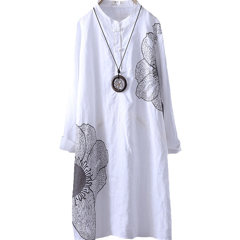 Cotton Shirt Long Sleeve Embroidery Blouse Stand Collar Loose Long Top Office Lady Casual Wear - MERGE.DAY.1.FREESTYLE