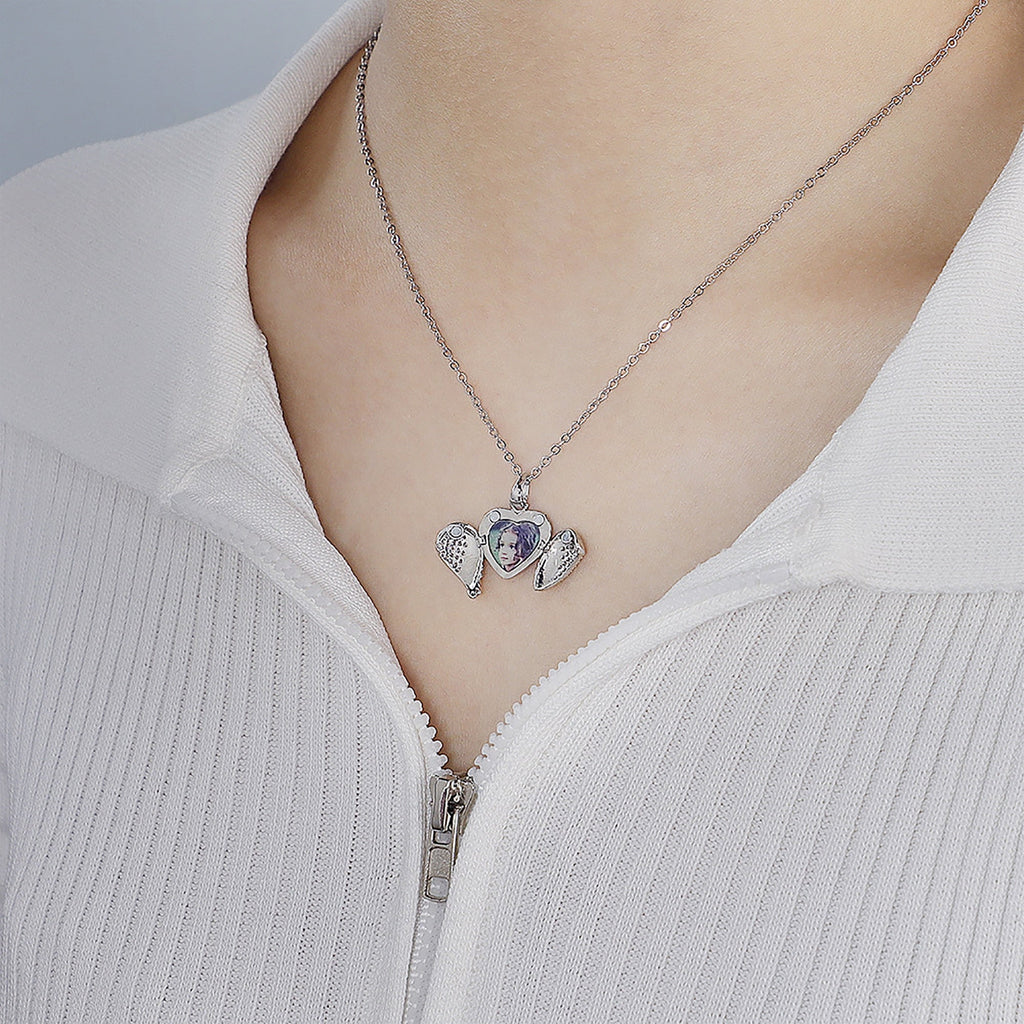 Personalize Heart Locket Necklace Plated Rose Gold Silver Color Angel Wing Shape Custom Photo Pendant - MERGE.DAY.1.FREESTYLE