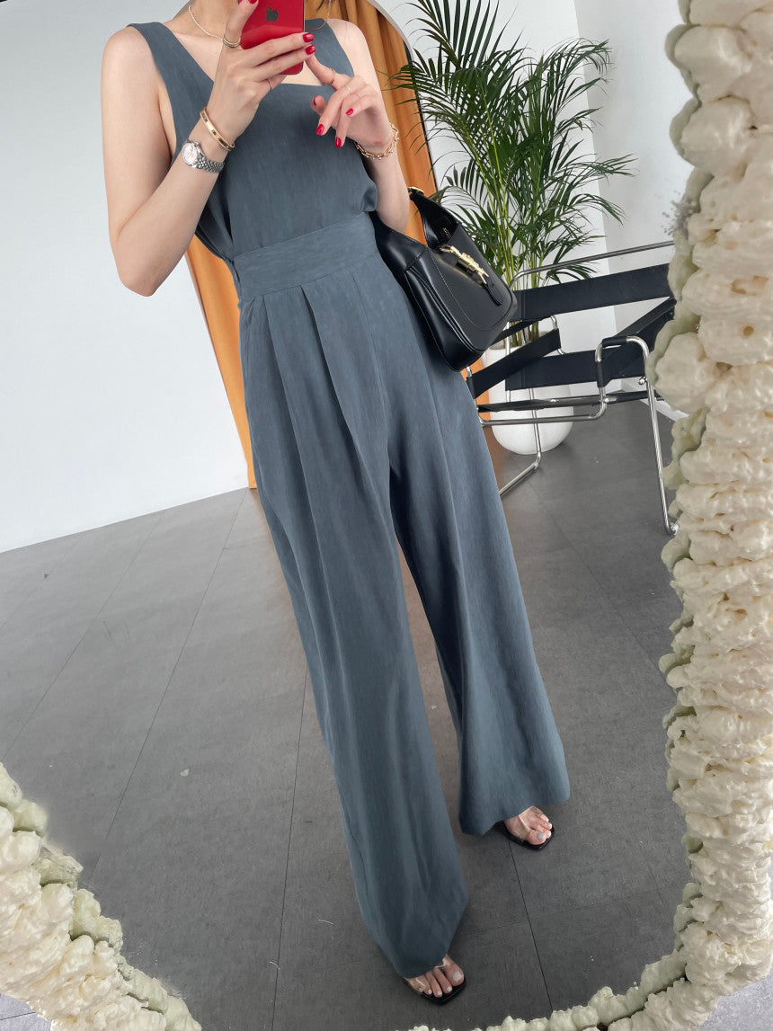 Office Ladies 2-Piece Women Square Neck Loose Vest Top + High Waist Pleated Wide Leg Pants - MERGE.DAY.1.FREESTYLE