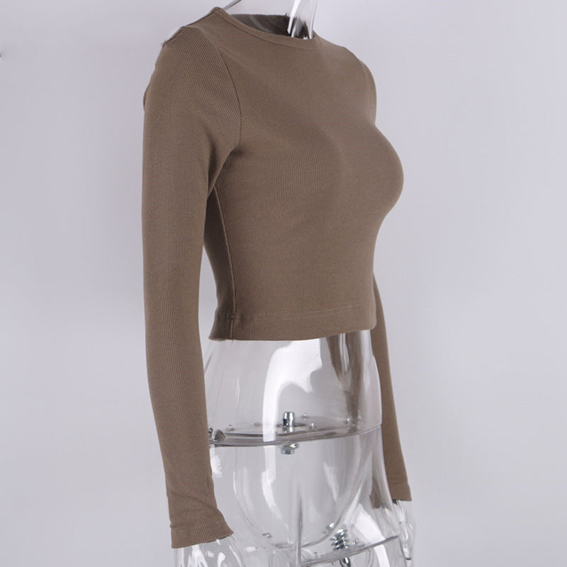 O Neck Long Sleeve Shirt Women Ribbed Sexy Cropped Tops Casual Skinny T Shirts White - MERGE.DAY.1.FREESTYLE