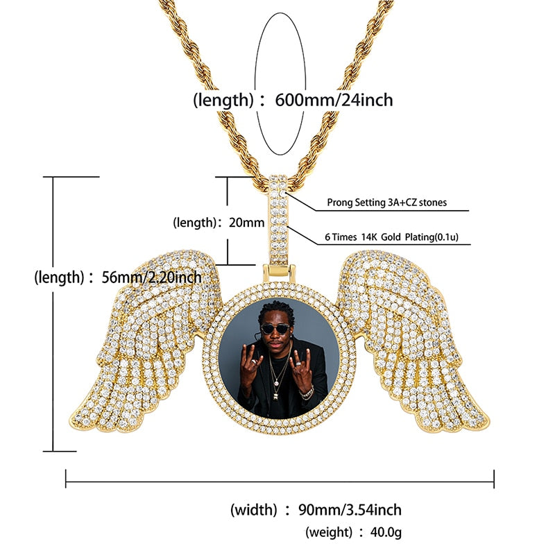 Angel Wings Custom Photo Medallion Necklace Iced Out Cubic Zirconia Pendant Hip Hop Jewelry - MERGE.DAY.1.FREESTYLE