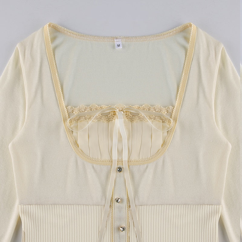 Sweet Cute Crop Top Lace Frill Bow Pullovers Vintage Square Collar T Shirt - MERGE.DAY.1.FREESTYLE