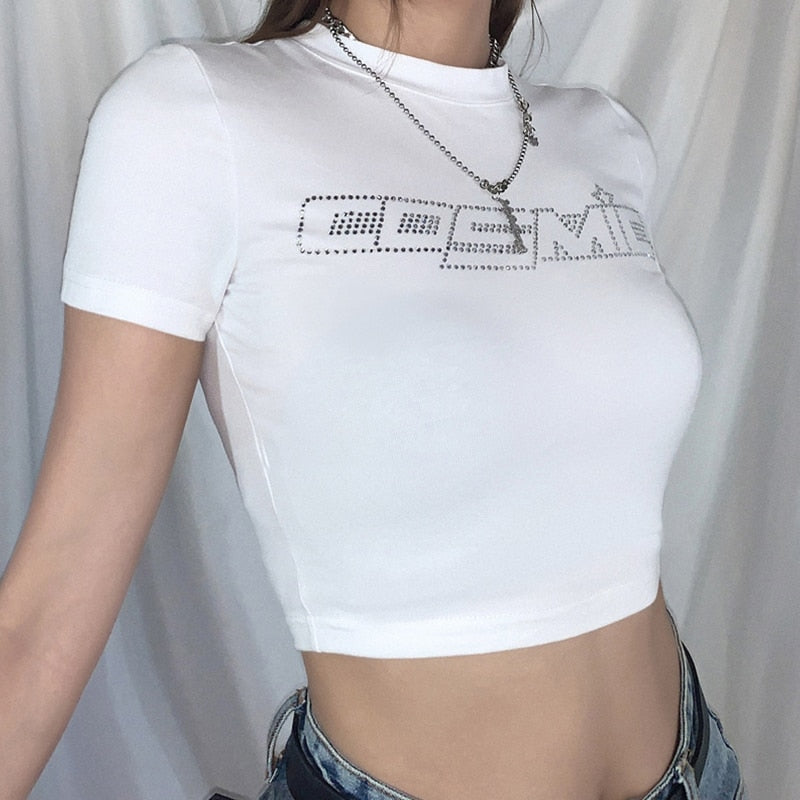 Punk Vintage Rhinestone Spider Goth Graphic T Shirt Women Y2k Style Crop Top O-neck Tshirt - MERGE.DAY.1.FREESTYLE