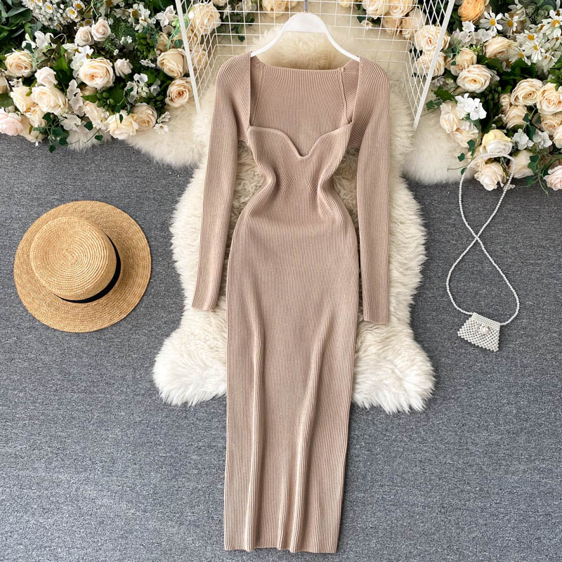 Strapless Ribbed Knitted Bodycon Dress Women Winter Long Sleeve Midi Sweater Dress - MERGE.DAY.1.FREESTYLE