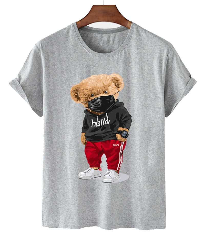 100% Cotton Sports Mask Bear Print Short-sleeved T-shirt Female Half-sleeved Casual Oversized T-shirt - MERGE.DAY.1.FREESTYLE