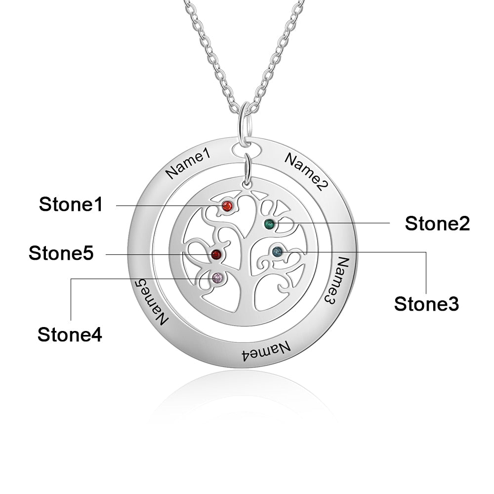 Tree of Life Name Necklace with Birthstone Name Engraved Pendant Family - MERGE.DAY.1.FREESTYLE