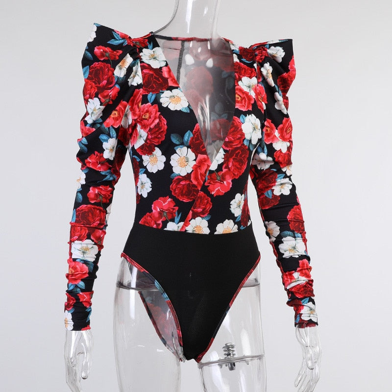 Spring Elegant Boho Print Bodysuits Rompers Women Jumpsuits Puff Sleeve Skinny Sexy V-neck - MERGE.DAY.1.FREESTYLE