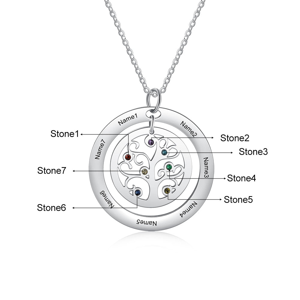 Tree of Life Name Necklace with Birthstone Name Engraved Pendant Family - MERGE.DAY.1.FREESTYLE