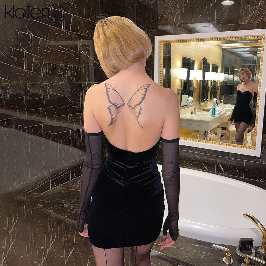 Black Strapless Dress Women New Simple Slim Removable Mesh sleeves Female Dress - MERGE.DAY.1.FREESTYLE